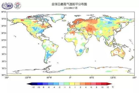 图7  2018年7月全球日最高气温距平分布