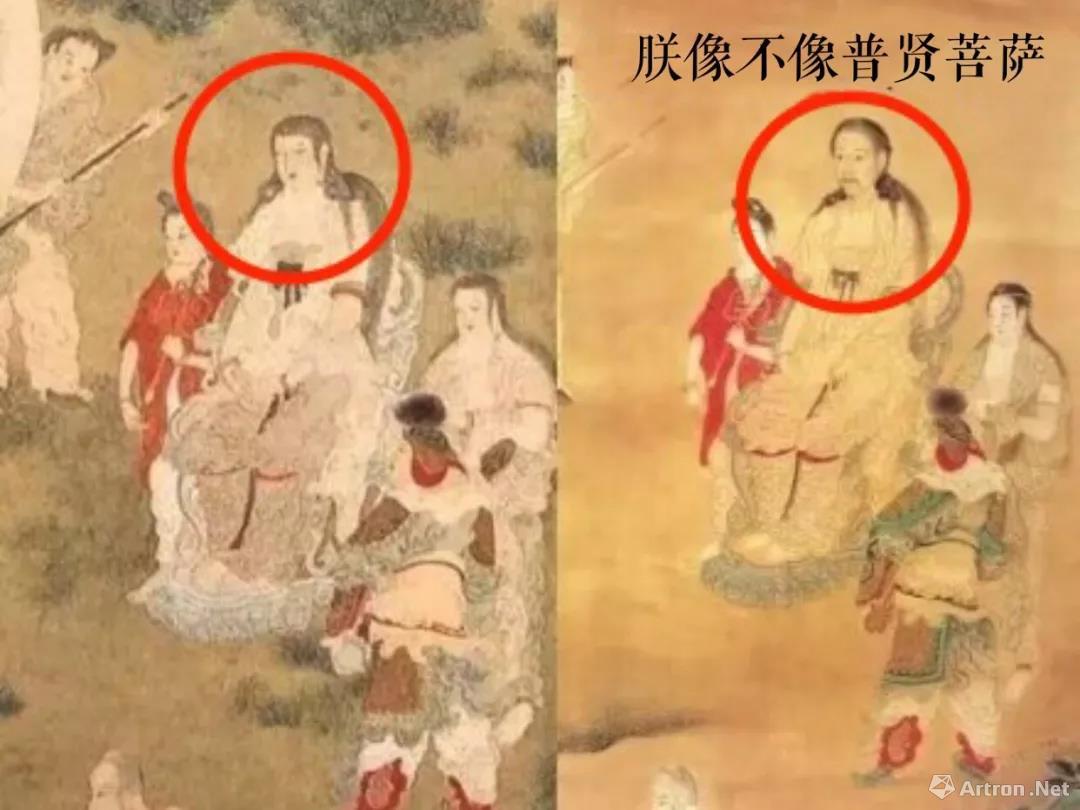 左图为明·丁云鹏《扫象图》局部，右图为清·丁观鹏《乾隆帝洗象图》局部，右侧是乾隆