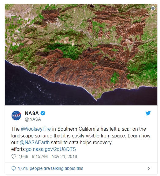 NASA发布卫星图：两周的火灾把加州烧秃了