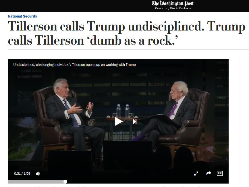蒂勒森公开讽刺特朗普 特朗普回怼：又蠢又懒！