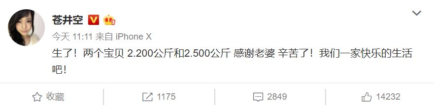 苍井空产下令和宝宝，网友连双胞胎的名字都想好了！