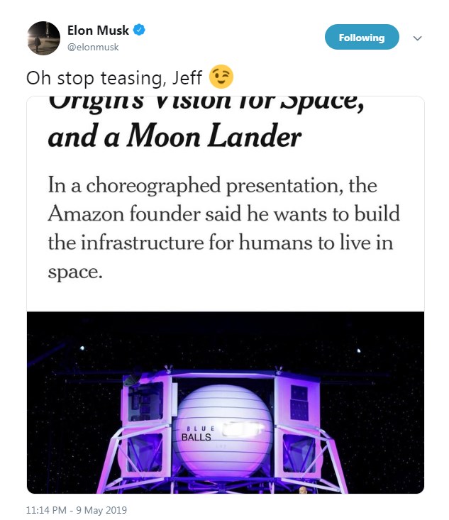 马斯克嘲笑贝索斯月球登陆器 