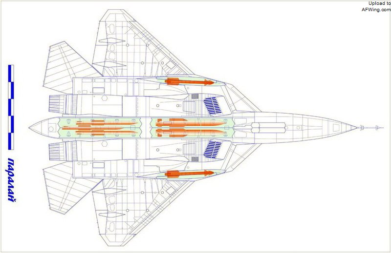 T-50提供了全新思路，把近程空空导弹弹舱改到翼下，可能依然需要用可伸缩支架把发射导轨顶出来，便于导弹先锁定后发射，但支架可以较短，发射条件与传统的翼下发射很相近，十分便于导弹与T-50的匹配。来源：空军之翼