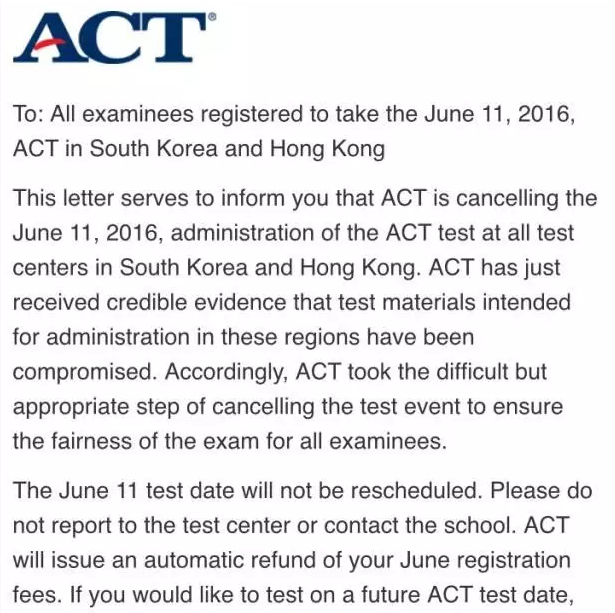 ACT考试当日宣布取消 考场涉及韩国和中国香