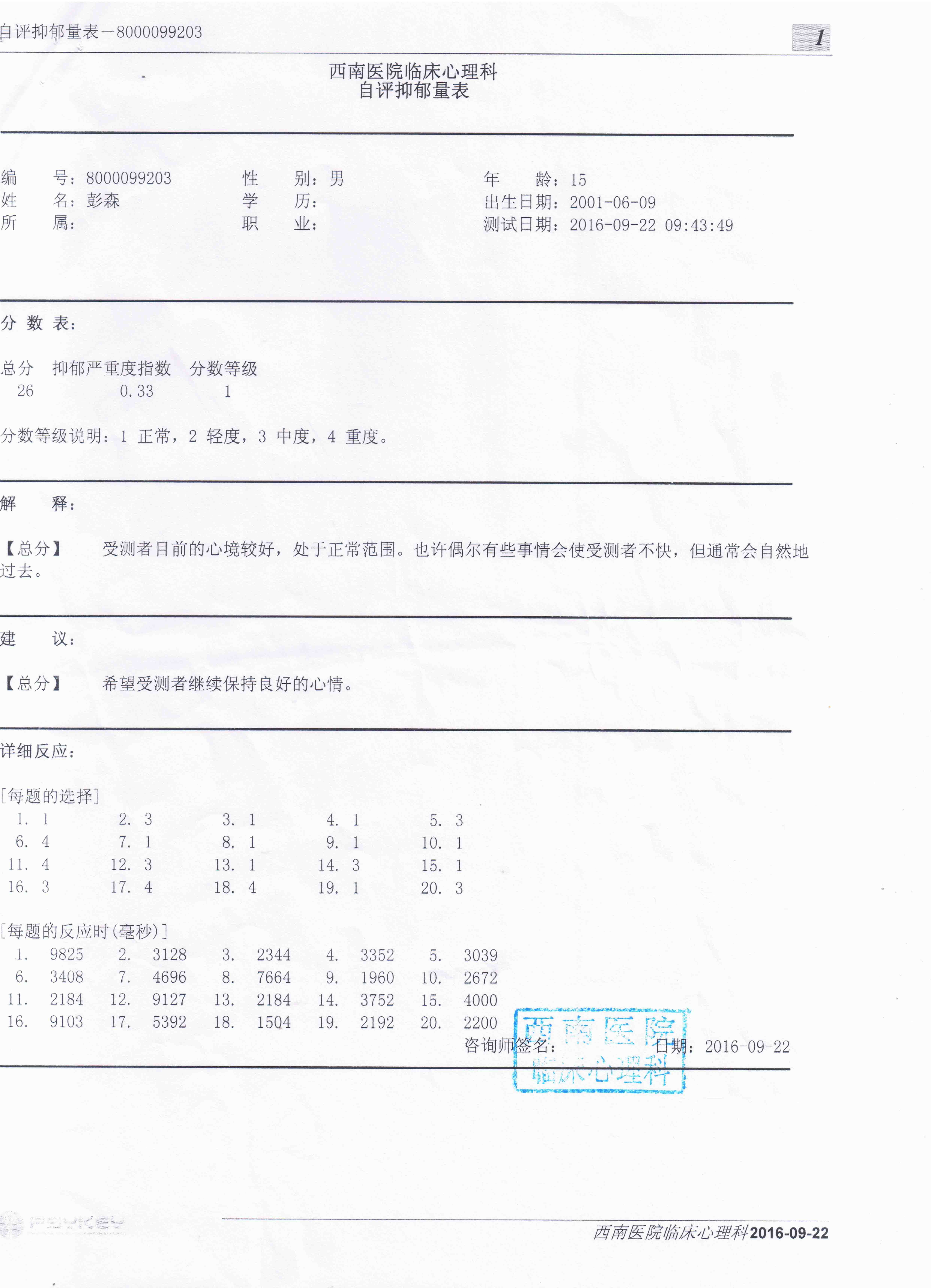 西南医院临床心理科关于彭森焦虑自评量表