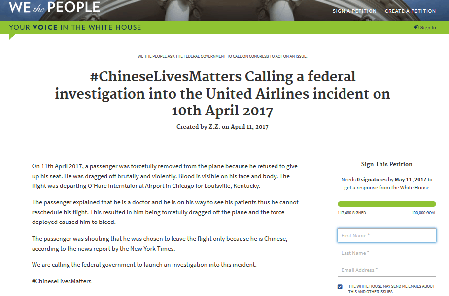美联航暴力驱赶亚裔乘客 超10万人白宫请愿促调查