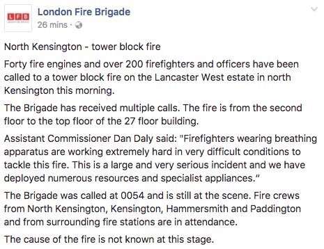 伦敦消防: 大楼火灾致数人死亡 具体数字无法确定