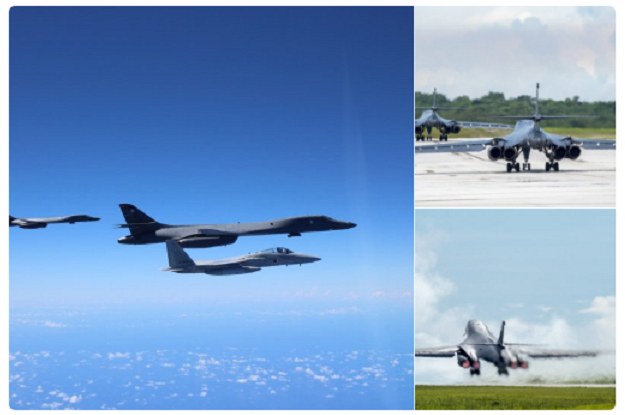 美军B-1B与日本F-15在钓鱼岛附近空域联合训练