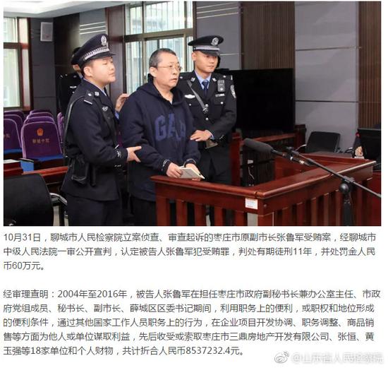 枣庄原副市长张鲁军一审获刑11年 处罚金60万