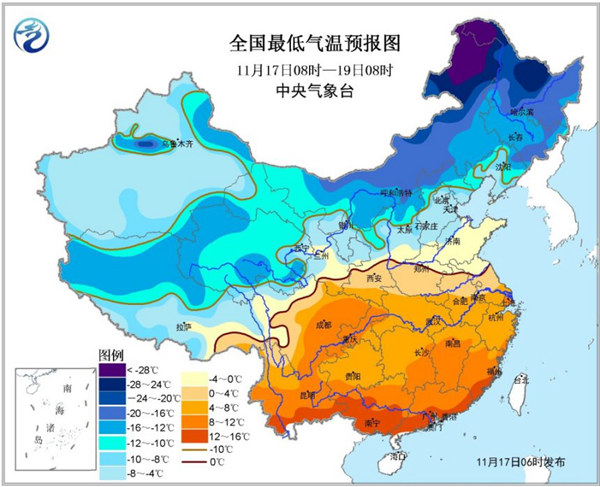 寒潮蓝色预警：辽宁江苏等14省区降幅达10-12℃