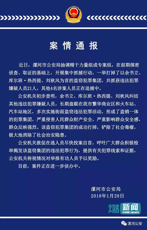 一盗窃犯罪集团被捣毁 漯河公安敦促在逃人员尽快投案