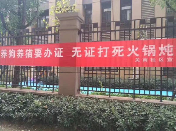 社区挂猫狗无证打死火锅炖条幅 居委:物业冒