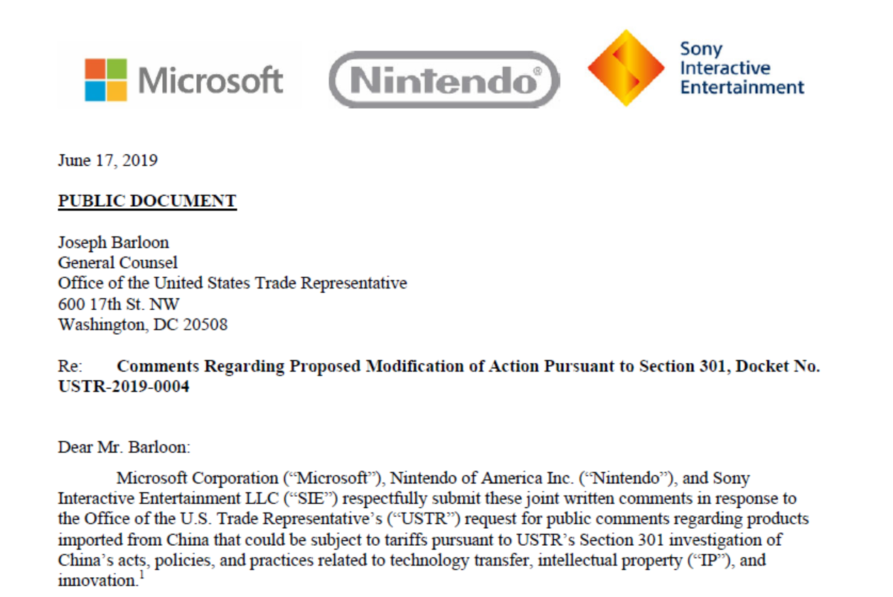  三大游戏机巨头索尼、微软和任天堂联合致函 反对特朗普关税政策
