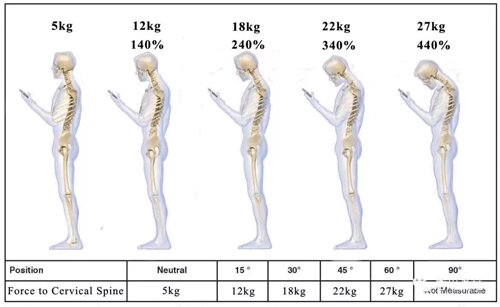 下图告诉我们当颈部前屈90度时,颈椎承受压力将近是直立平视时的6倍.