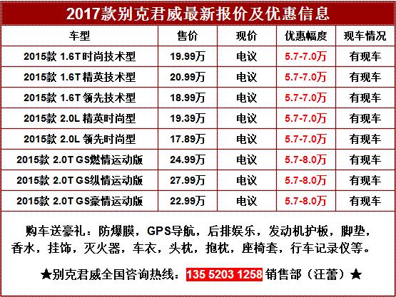 别克君威15款价格优惠 君威提车最低价