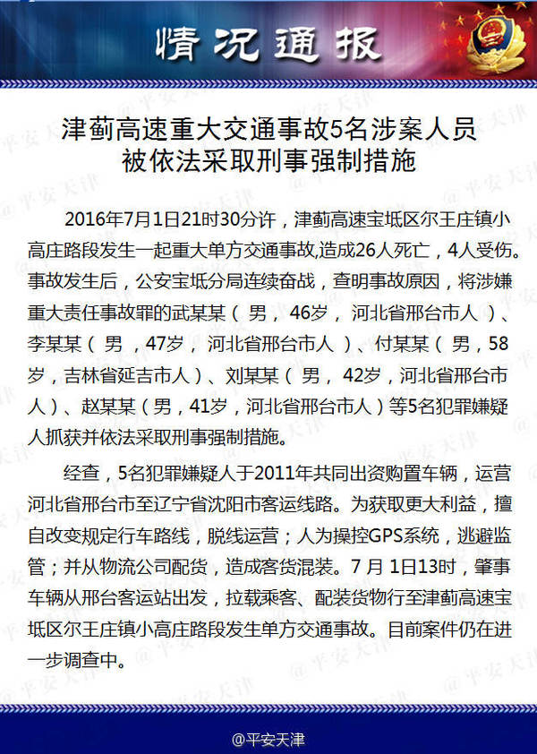 津蓟高速重大交通事故5人被依法采取刑事强制措施 凤凰资讯