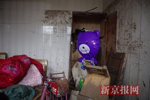 洪水过后，张苏辉家的屋子，小梓阳生前最喜欢的紫色重启小熊立在屋子一角。新京报记者王嘉宁摄
