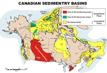 加拿大油气生产和储量区域分布图