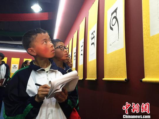 17日，拉萨北京实验中学的学生前来参观格芒·江白书法作品展 赵延 摄