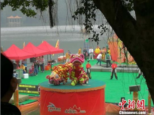 被称为南狮世界杯的“黄飞鸿杯”第12届世界华人狮王争霸赛1日上午在西樵山天湖公园开赛。　唐贵江 摄