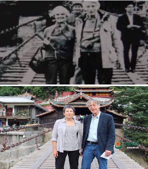 上图为索尔兹伯里夫妇在泸定桥合影；下图为斯蒂芬夫妇合影。
