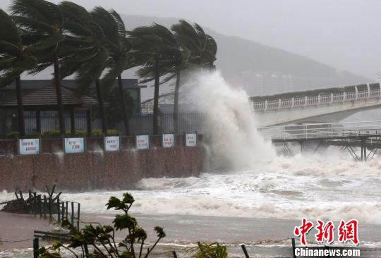 10月18日，台风“莎莉嘉”在三亚市三亚湾掀起大浪。　尹海明 摄