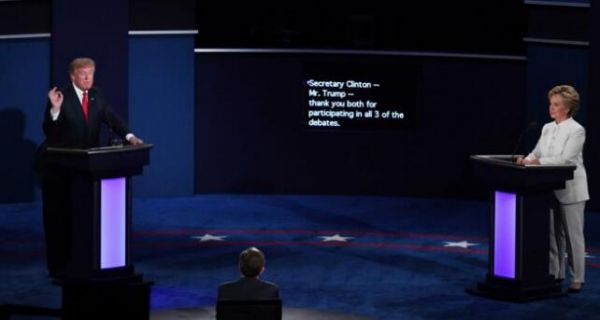 共和党总统候选人唐纳德·特朗普和民主党总统候选人希拉里·克林顿的第三场辩论。（图片来源网络）