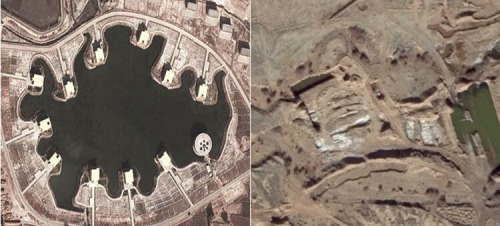 图4甘肃张掖黑河湿地保护区旅游设施(左)和采石场(右)遥感影像图