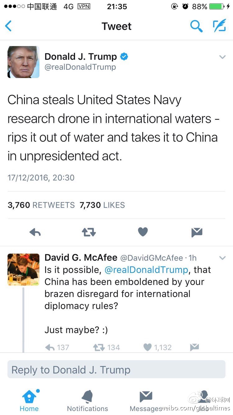 特朗普：中国“偷走”美无人潜航器“前所未有”