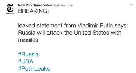 纽约时报推特被黑发惊悚消息：俄宣布对美射导弹