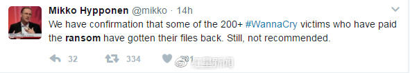 米寇·海破伦发推特表示，已确认有超过200名受害者通过缴纳赎金拿回文件。但不推荐此法