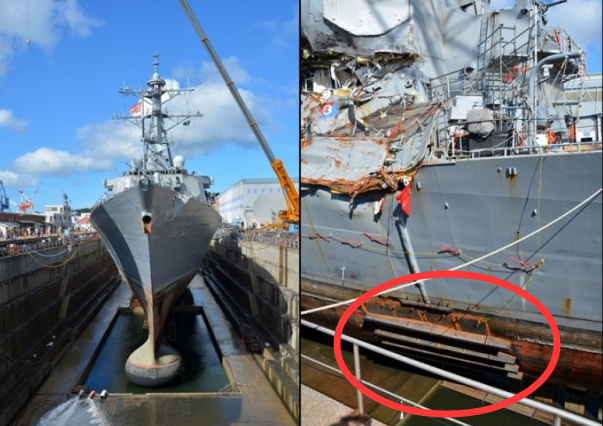 美军舰被撞出6米大洞 用钢板封住赴日“看病”