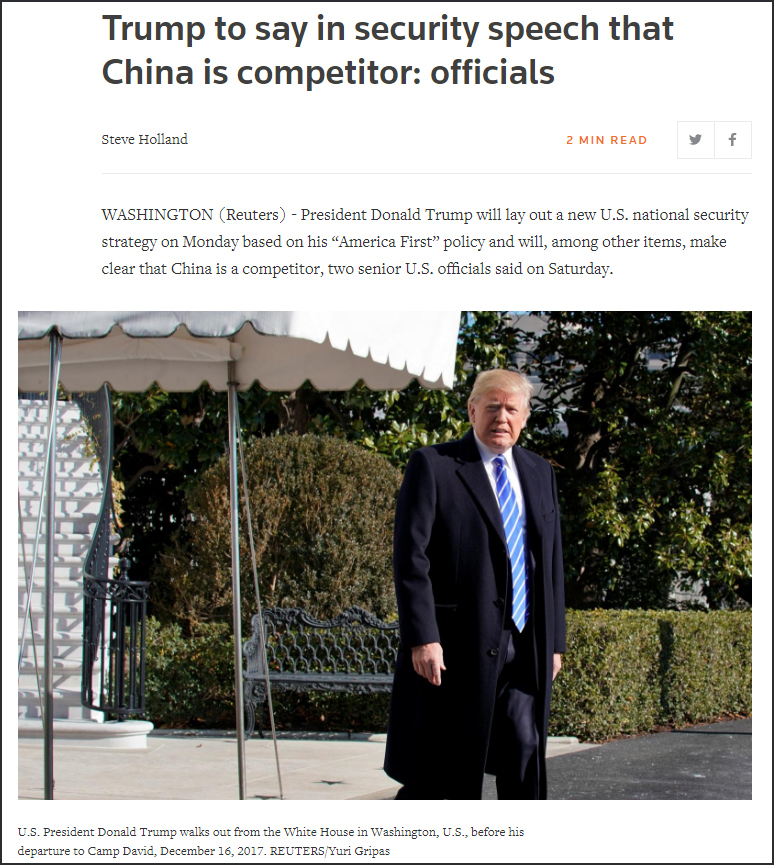 特朗普将明确表示中国为“竞争对手” ，但不会进行围堵