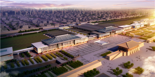 改扩建后的西安火车站由北向南鸟瞰效果图
