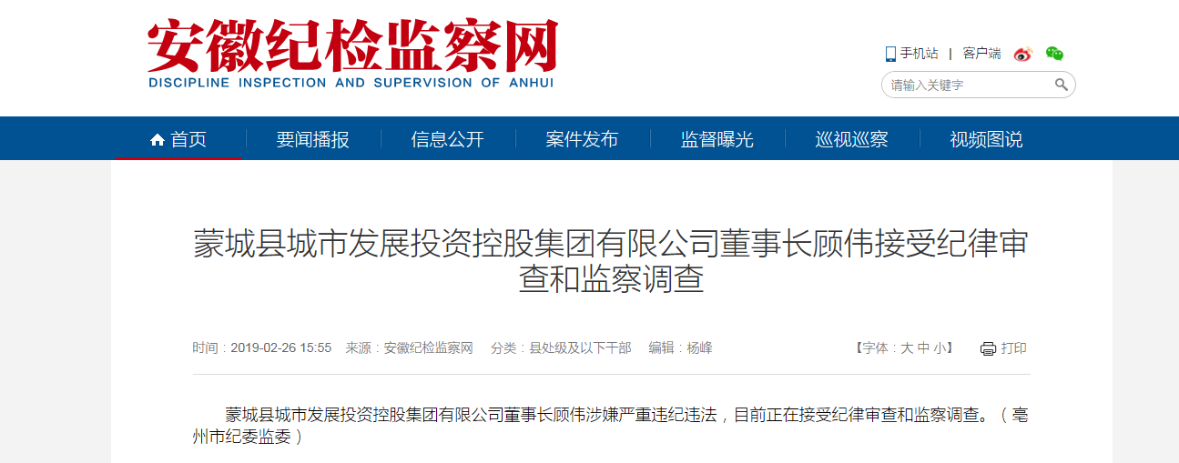 安徽蒙城县城市发展投资控股集团有限公司董事长顾伟接受纪律审查和