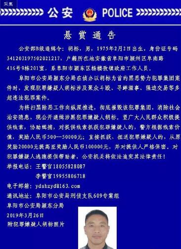 公安部b級涉黑通緝犯胡標被抓獲 在鳳台落網