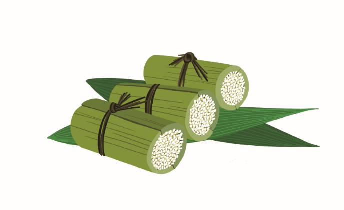 竹筒饭用山兰稻冲的香米为原料,放进新鲜的粉竹或山竹锯成的竹筒中,加